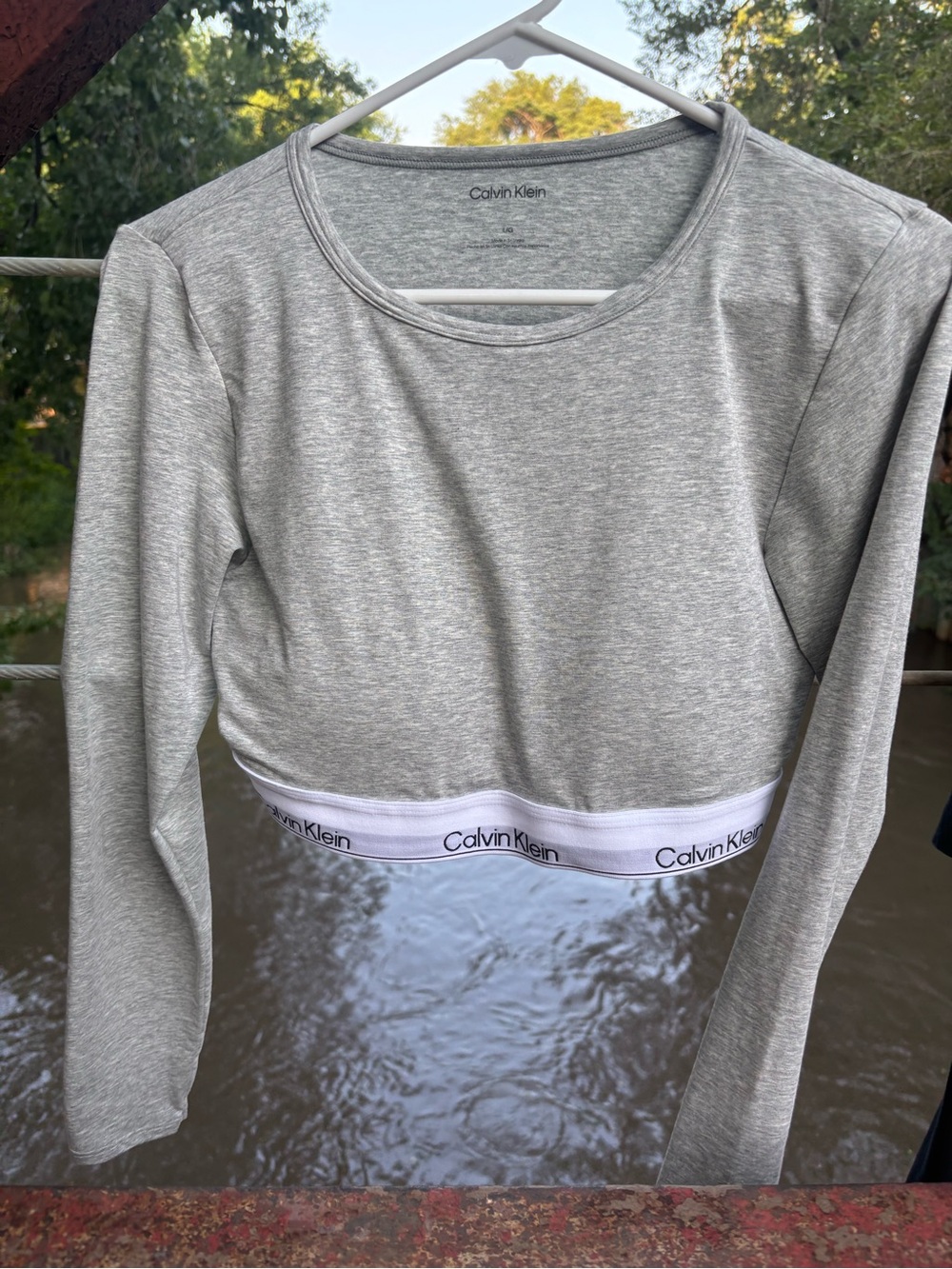 Calvin Klein Heather Gray Cropped Long-Sleeve Logo Top